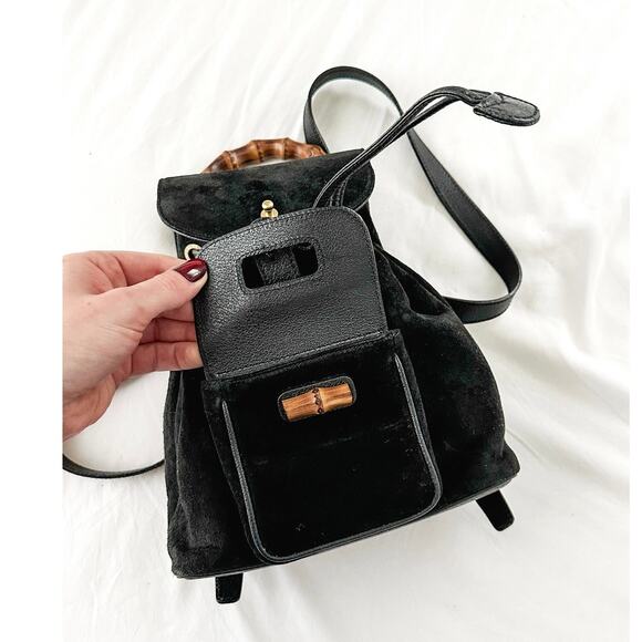 Vintage Gucci Black Suede and Bamboo Handle Backpack Purse - Picture 5 of 11
